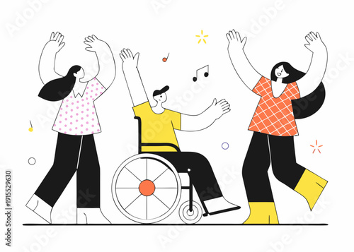 People celebrating and dancing with inclusivity featuring a wheelchair user