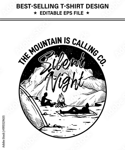 Camping tshirt design with mountain scene at night people sitting by campfire and lying down under starry sky isolated on transparent background