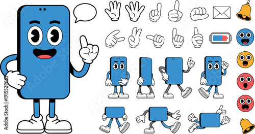 Cute Smartphone Mascot Character Set with Hand Gestures Emotions and Poses Vector Illustration