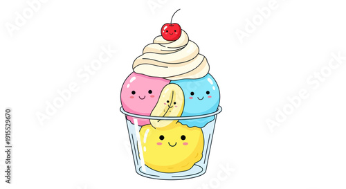 Adorable Cartoon Ice Cream Sundae with Smiling Faces and Cherry.
