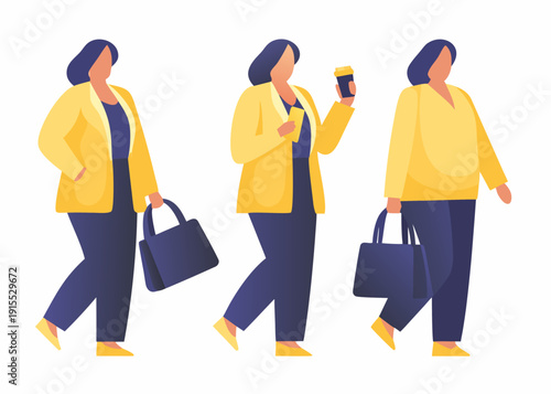 Three women walking each in a yellow jacket and dark trousers
