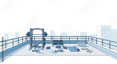 Rooftop gym equipment with city skyline in the background.