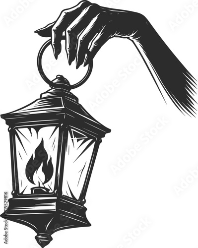 Hand Holding Vintage Lantern Black and White Illustration.
