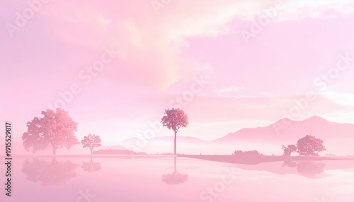 Serene landscape with pink hues, featuring trees reflecting on calm water amidst soft, dreamy clouds