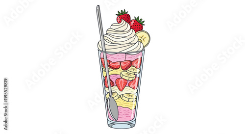 Delicious Strawberry and Cream Parfait in a Tall Glass with Spoon.