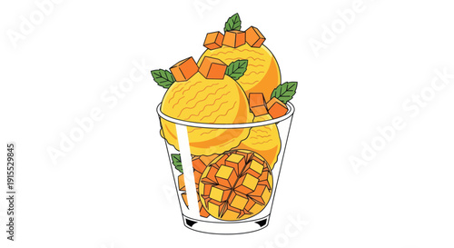 Delicious Mango Ice Cream Scoops with Fresh Mint and Diced Fruit in Glass.