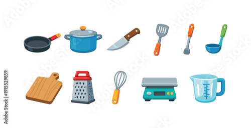 Kitchen tools icon set. Essential cooking utensils in flat style icons collection