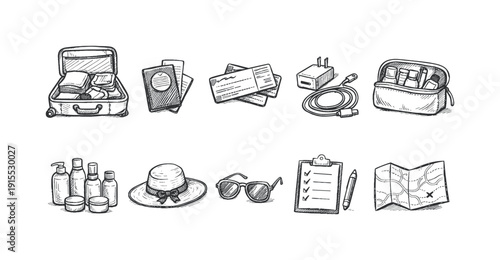 Travel essentials sketch icon set. Vacation, packing checklist, hand-drawn essentials.