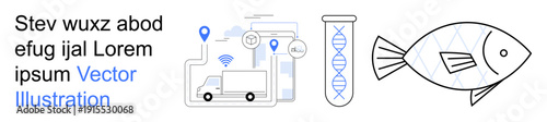 Logistics, genetic research, biotechnology, delivery systems, science, technology. Truck with location pins, DNA helix in a test tube and a fish exploration and innovation. Logistics and genetic