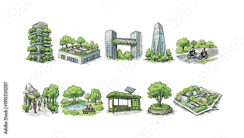 Eco cityscape icon set in line style. Urban nature, green architecture illustrations