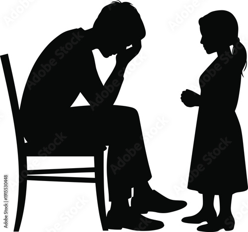 Black silhouette of a sad father sitting in a chair with his head in hands while his young daughter stands and offers comfort.
