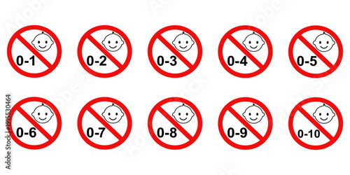Set of Age restriction sign for children, Not suitable for children. for baby products symbols. Flat vector illustration design