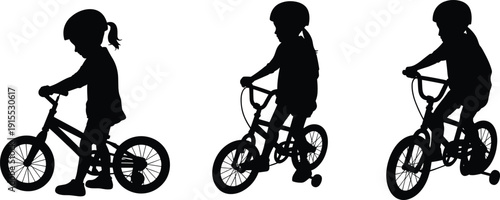 Black silhouette collection of a young girl wearing a helmet while learning to ride a bicycle with training wheels for childhood outdoor activity concepts.