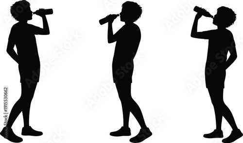 Black silhouette collection of a young boy standing and drinking water from a plastic bottle for health hydration fitness and summer lifestyle concepts on white.