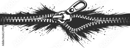 Exploding Zipper Burst Open Concept Monochrome Illustration.