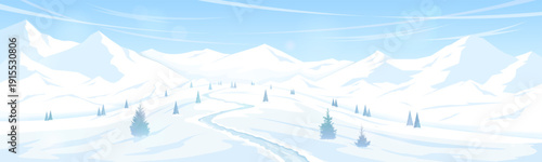 Wide banner with winter landscape. Snow-capped mountain peaks and a trail leading up the slope. Concept of winter hiking, skiing, and snowboarding.