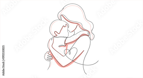Continuous line art of a mother hugging her child with a heart symbol, symbolizing eternal love and bonding