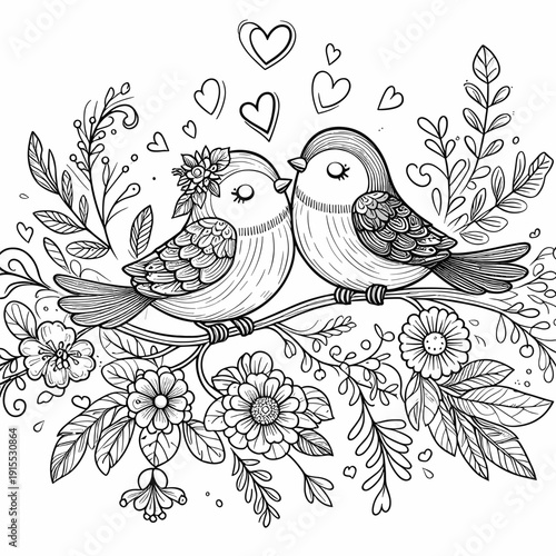 Two birds in love surrounded by flowers and hearts in a decorative style