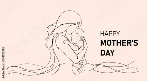Happy mothers day greeting banner with continuous line art of mother and baby over floral pattern