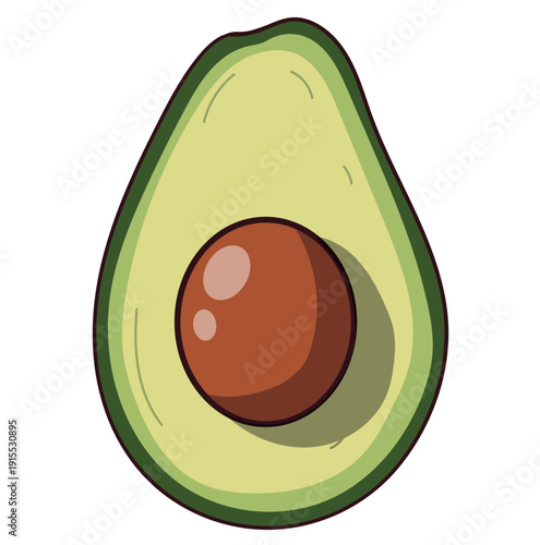 Healthy avocado half with a large seed, isolated on a white background, nutritious food illustration