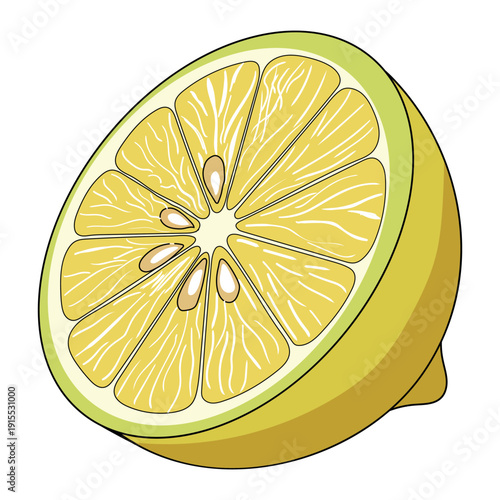 Half lemon cut isolated on white background, fresh citrus fruit slice with seeds and juicy pulp