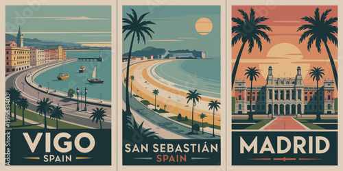 Spain Coastal Cities Travel Poster, Spanish coastal and city landmarks, retro travel illustration, scenic panels