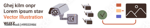 Security systems, surveillance, data verification, approval processes, monitoring, privacy protection. CCTV camera with icons verification and categorization. Security systems and surveillance