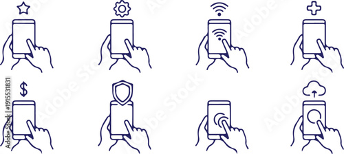smart phone touch screen bule outline icons set vector illustration design collection 