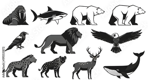 Collection of black and white predator animal silhouettes in modern vector style. Includes walrus, shark, polar bear, eagle, raven, lion, hyena, deer, and whale icons.
