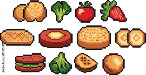Pixelated food collection vegetables fruits and prepared ingredients