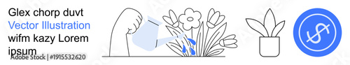 Gardening, sustainability, finance, growth, nature care, environment. Hand watering plants, a potted plant and a financial symbol. Gardening and sustainability theme illustrated