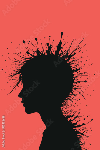 Boy silhouette with exploding paint stain around head symbolizing creativity, imagination and color splash on vibrant red background, abstract artistic illustration