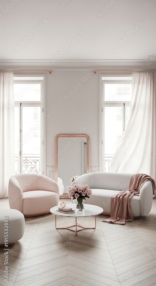 Fototapeta premium Elegant Living Room with Pink Accents and Natural Light.