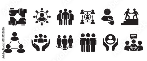 Human Resource Icon Set – Leadership, Teamwork, Recruitment, Employee and Global Business Connection Symbols