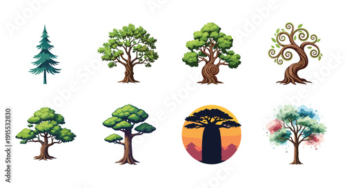 Eight diverse tree illustrations showcasing various species, shapes, and styles from pine to abstract and watercolor.
