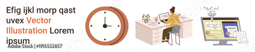 Time management, remote work, online security, productivity, digital tools, workplace safety. Clock, a person at a desk and a secure login screen. Time management and remote work