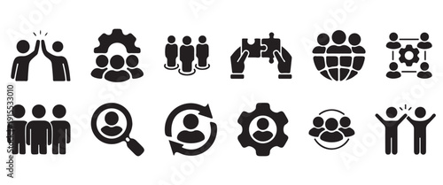 Human Resource Icon Set – Leadership, Teamwork, Recruitment, Employee and Global Business Connection Symbols