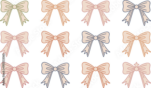 Pastel Ribbon Bows Collection Cute Hand Drawn Decorative Bow Set Vector Illustration