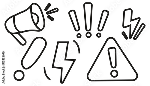 Set of Attention Warning Symbols and Megaphone Icon in Outline Style Alert Notification Emergency Information Vector Graphic for Danger and Caution Concepts