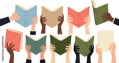 Diverse Hands Holding Books Reading Concept Education and Knowledge Vector Illustration Set