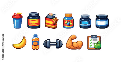 Fitness and nutrition pixel icon set. Workout, supplements, diet, wellness icons.