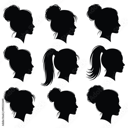 Collection of Women Head Profiles with Various Hairstyles Buns and Ponytails Silhouettes
