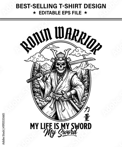 Samurai warrior with sword and skull face in traditional japanese clothing standing in front of mountains and trees isolated on transparent background