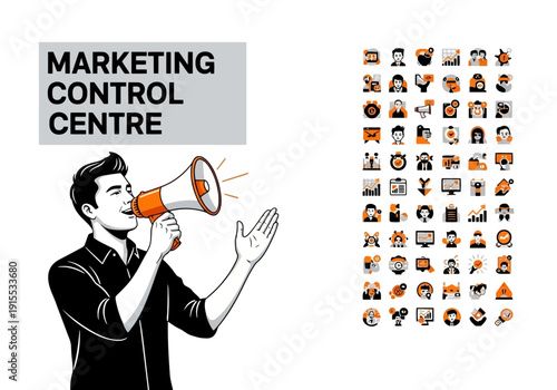 Marketing control centre illustration with man holding megaphone and various icons