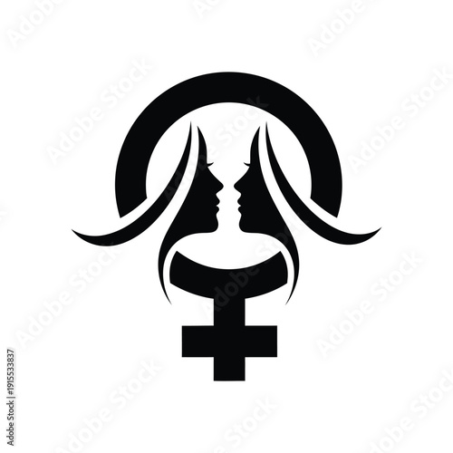 Creative Female Gender Symbol with Two Women Profiles for Empowerment and Equality Logo