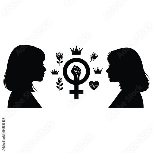 Feminist Power Concept with Woman Profiles and Gender Symbol surrounded by Roses and Crowns
