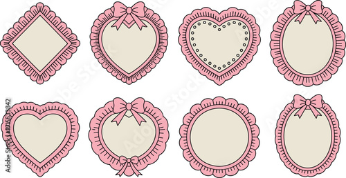 Elegant pink frilly lace frame set featuring various heart oval and diamond shapes with cute bows for romantic vintage greeting card designs.