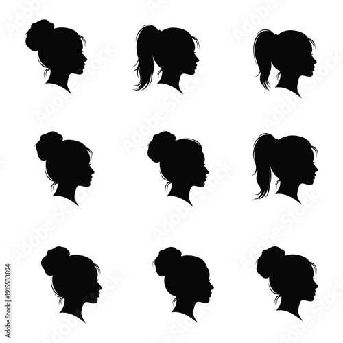 Set of Women Profile Silhouettes with Different Hairstyles and Ponytail Avatars