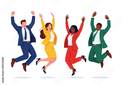 Four diverse business people jumping in the air with joy and excitement