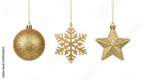 Three Gold Glitter Christmas Ornaments: Ball, Snowflake, and Star